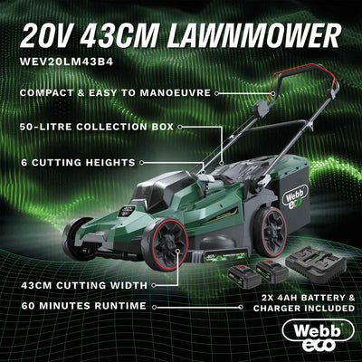 Webb 40V (2 x 20v) 43cm (17") Cordless Rotary Lawnmower (2 x 4AH Battery & Charger)