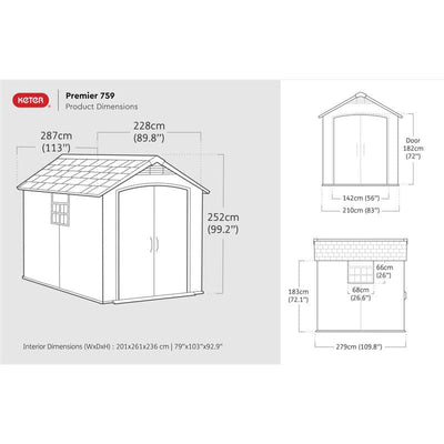 Keter Premier Apex Garden Shed 7.5ft x 9ft- Grey