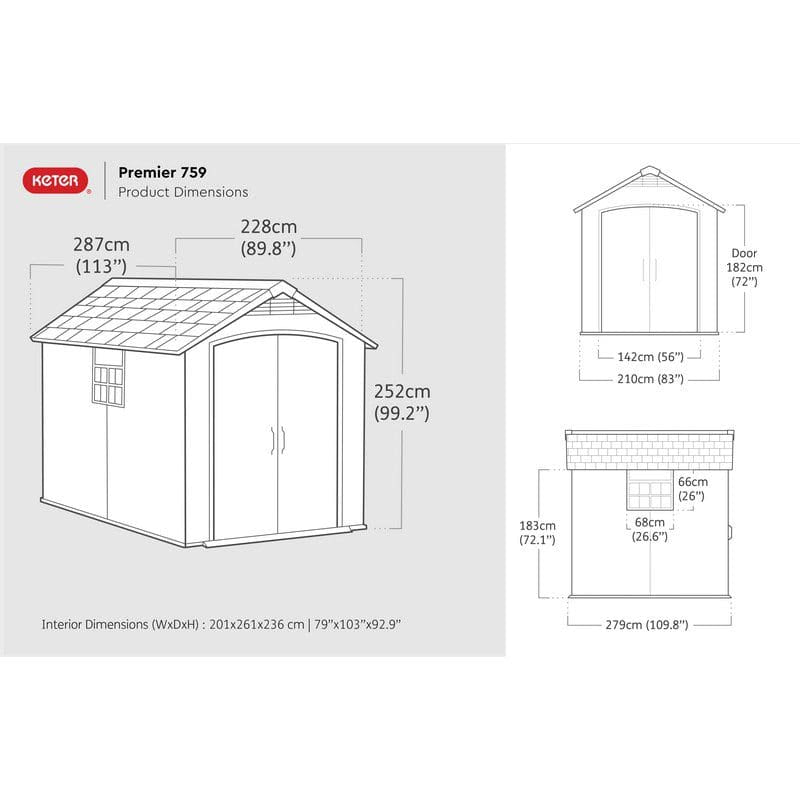 Keter Premier Apex Garden Shed 7.5ft x 9ft- Grey