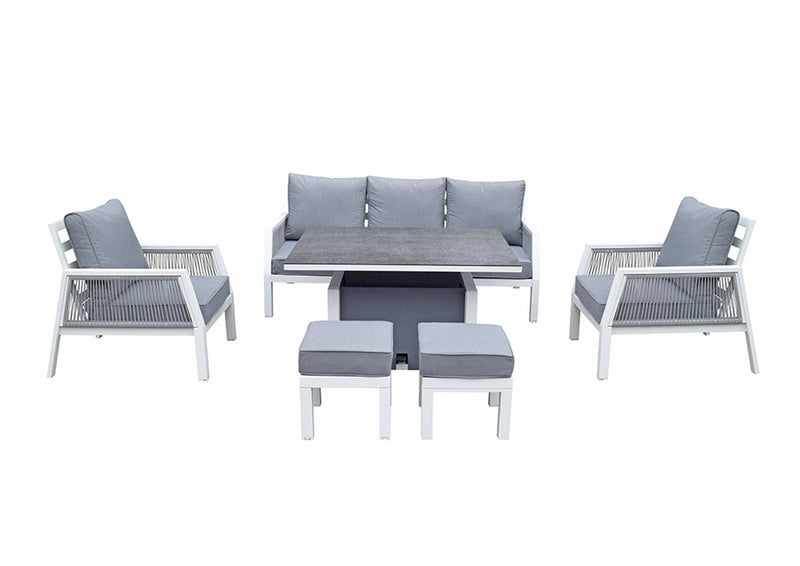 Aluminium 7 Seat Sofa With Armchairs Stools and Gas Lift Table in Grey Powder Coat - Bettina Range