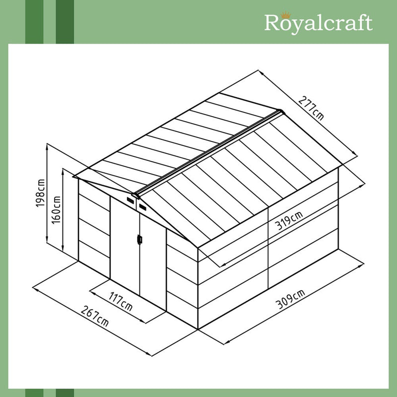 Royalcraft Cambridge 3 Galvanised Steel Shed - 9.1ft by 10.5ft - Grey