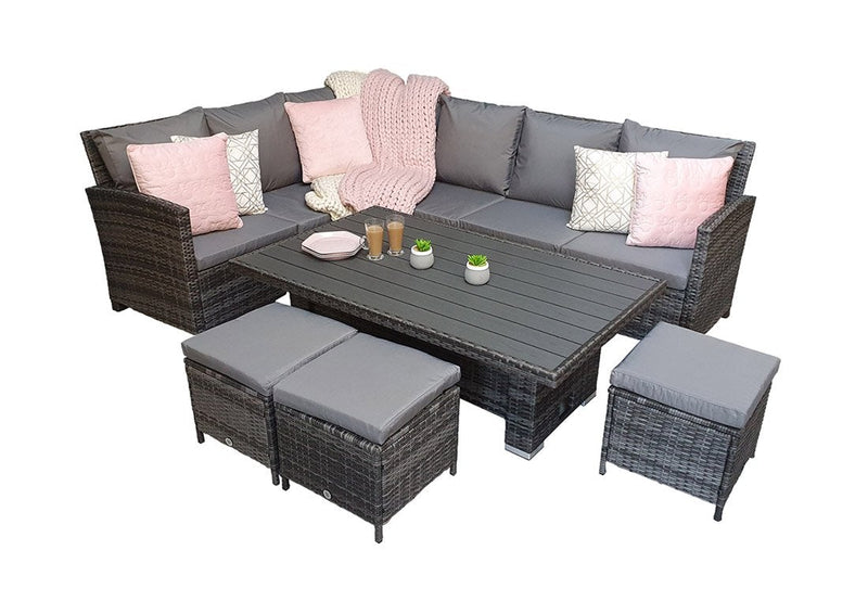 Rattan Corner Dining Set - Lift & Rise Table Polywood Top - Charcoal Grey - New Hampshire Range