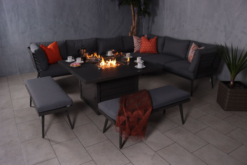 Mayfair 10 Seat Corner Lounging Set With Square Fire Pit Table and 2 Benches