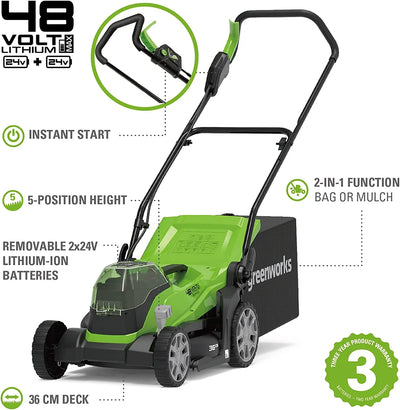 Greenworks 48V 36cm Cordless Lawnmower (2 x 2AH Battery & 2A Twin Charger)