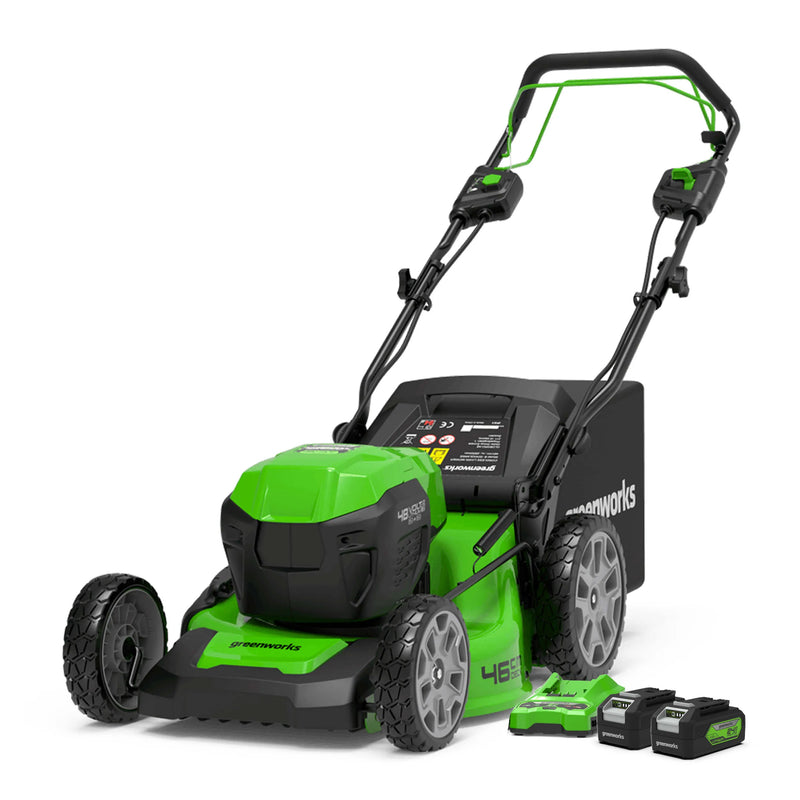 Greenworks 48V (2 x 24V) 36cm Lawn Mower & 24V 25cm Trimmer with Two 4Ah Batteries & Twin Charger