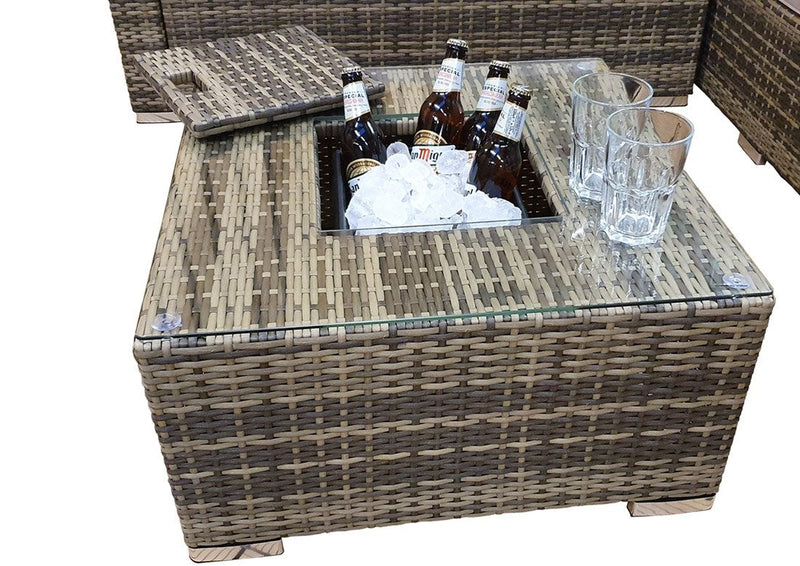 Rattan Corner Sofa Set with Ice Bucket  - Natural Brown - Grassholme Premium Range