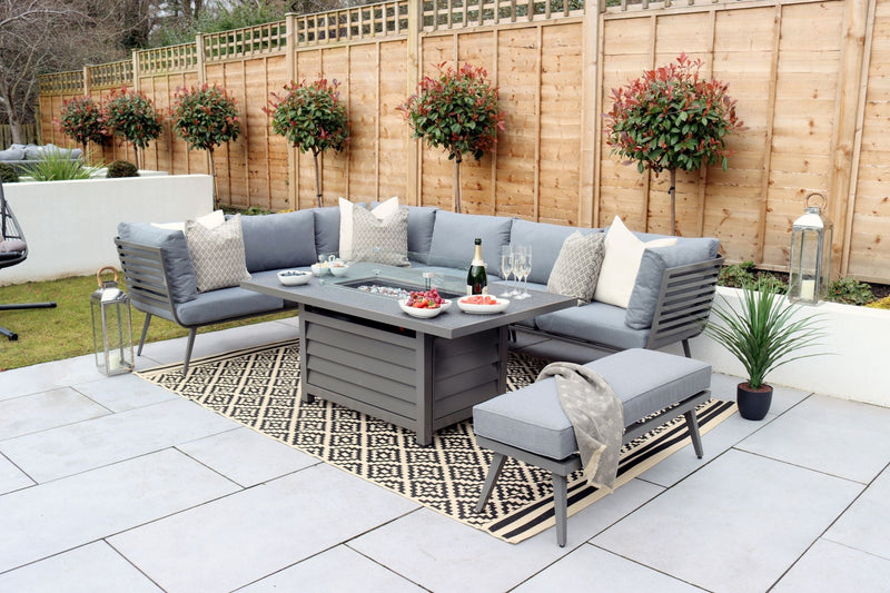 Mayfair 8 Seat Corner Lounging Set With Rectangular Fire Pit Table and 1 Bench