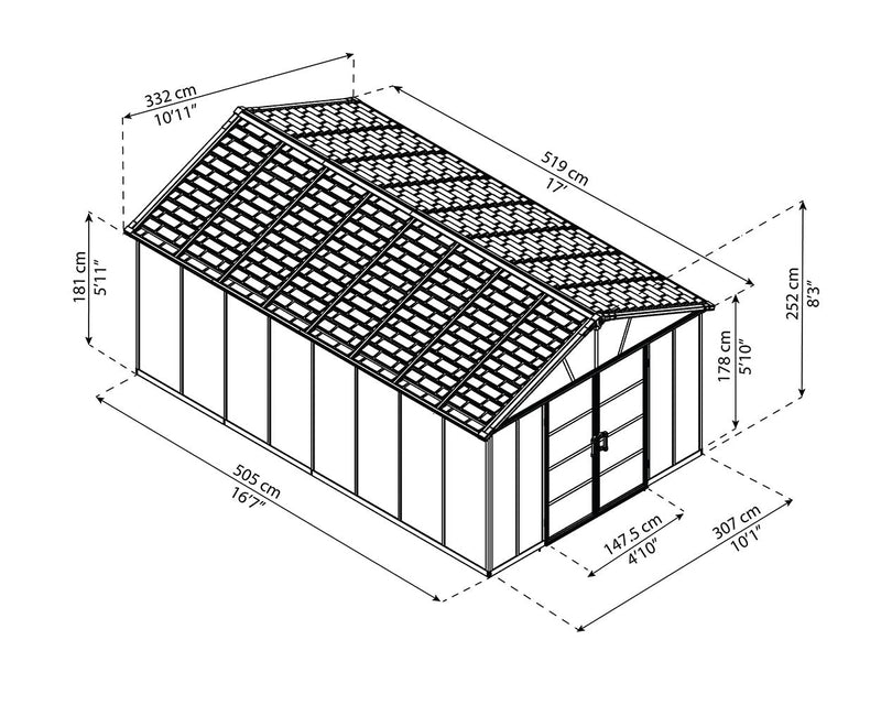 Palram Canopia Yukon 11 ft. x 17.2 ft. Shed Kit Without Floor - Dark Grey