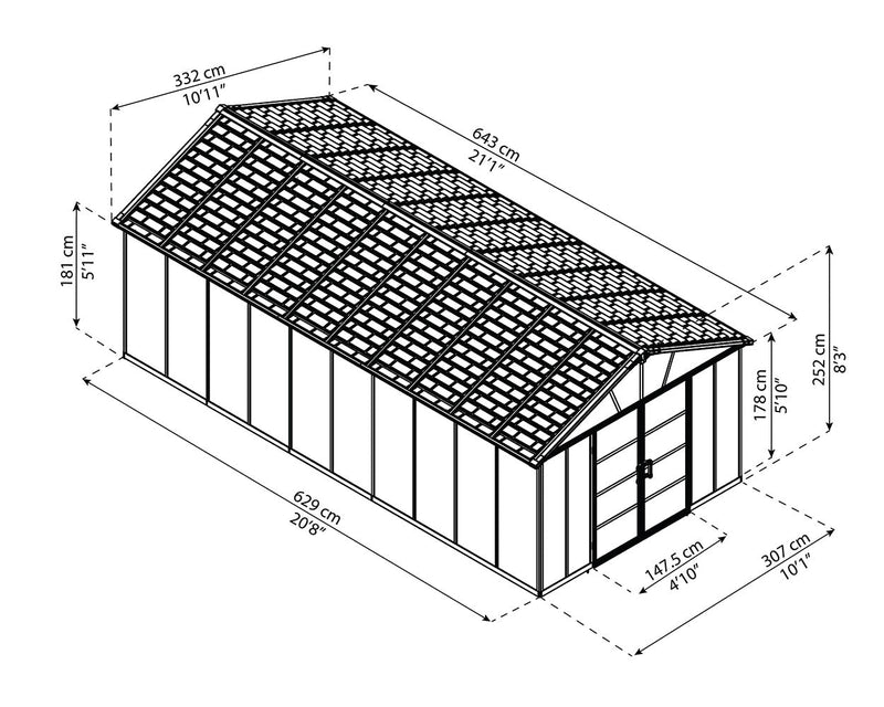 Palram Canopia Yukon 11 ft. x 21.3 ft. Shed Kit Without Floor - Dark Grey