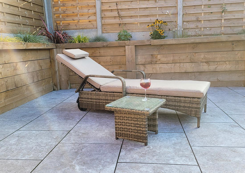 Rattan Sun Lounger with Drinks Table -Brown- Savannah Range