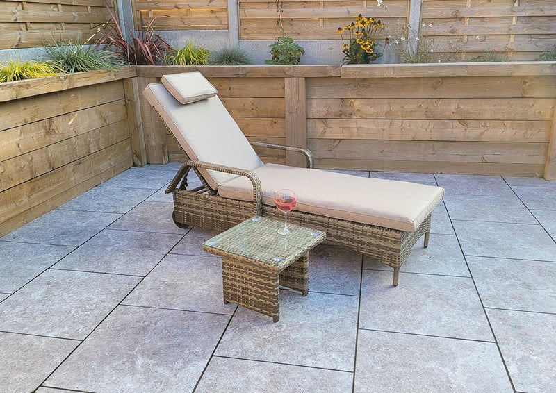 Rattan Sun Lounger with Drinks Table -Brown- Savannah Range