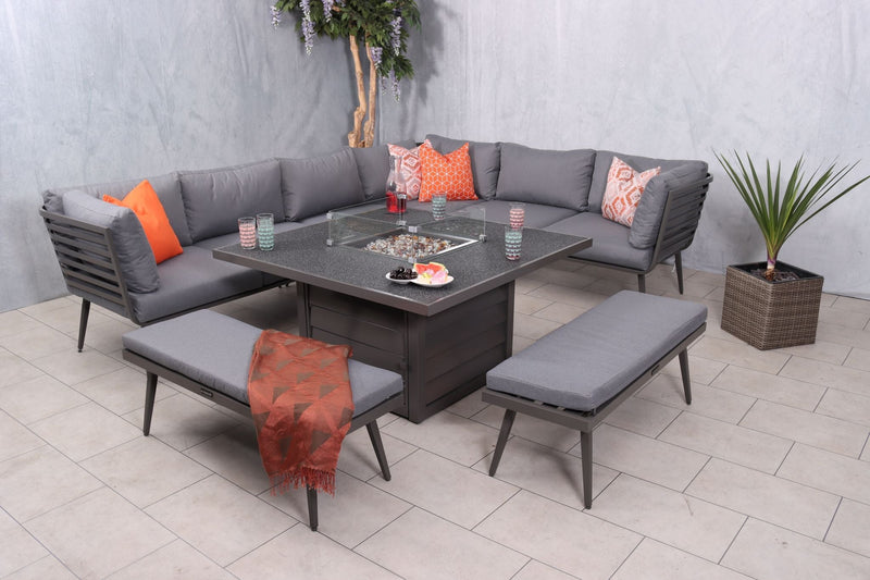 Mayfair 10 Seat Corner Lounging Set With Square Fire Pit Table and 2 Benches