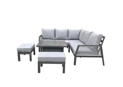 Aluminium 7 Seat Corner Sofa With Stools and Gas Lift Table in Grey Powder Coat - Bettina Range