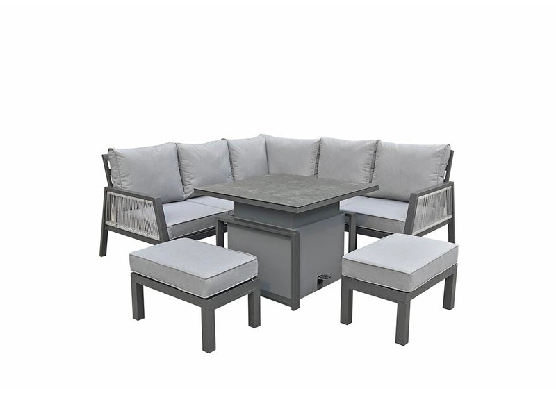 Aluminium 7 Seat Corner Sofa With Stools and Gas Lift Table in Grey Powder Coat - Bettina Range