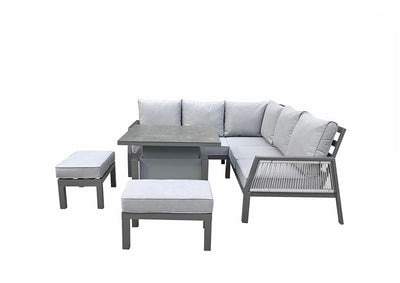 Aluminium 7 Seat Corner Sofa With Stools and Gas Lift Table in Grey Powder Coat - Bettina Range