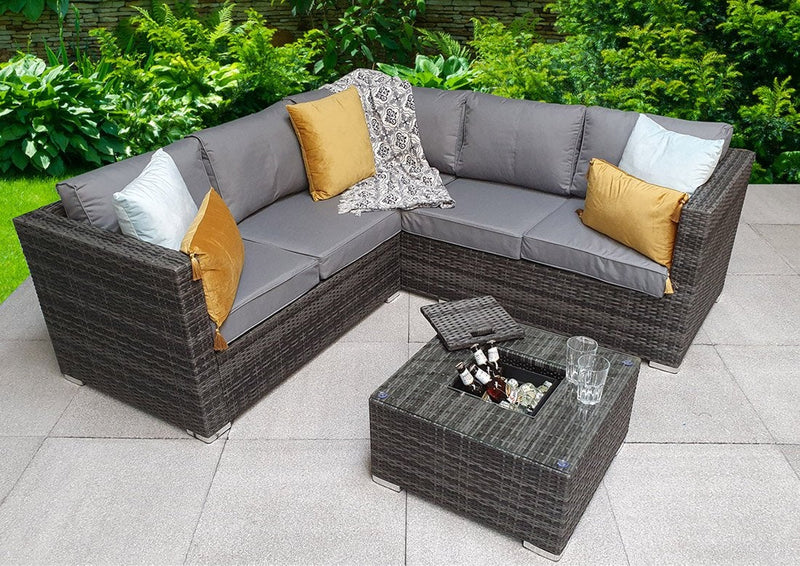 Rattan Corner Sofa Set with Ice Bucket  - Charcoal Grey - Grassholme Premium Range