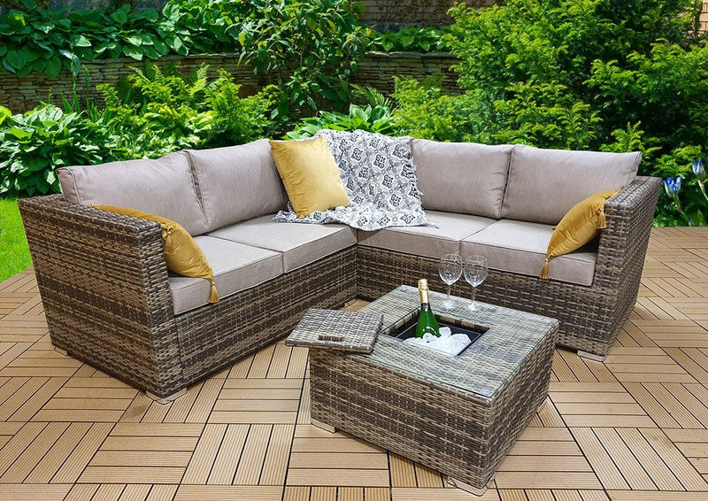 Rattan Corner Sofa Set with Ice Bucket  - Natural Brown - Grassholme Premium Range