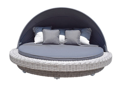 Large Round Daybed in Fine Grey wicker with Dark/Silver Grey Cushions