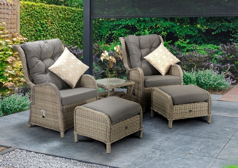 Rattan 2 Seat Reclining Lounge Set in Fine Creamy Grey with Pale Grey cushion-Meghan Range