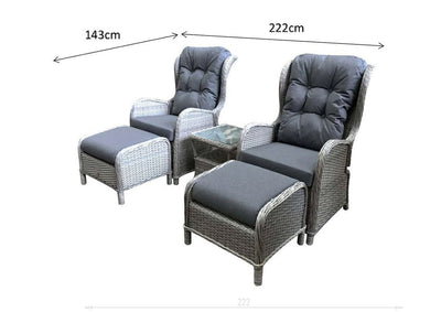 Rattan 2 Seat Reclining Lounge Set in Fine Creamy Grey with Pale Grey cushion-Meghan Range