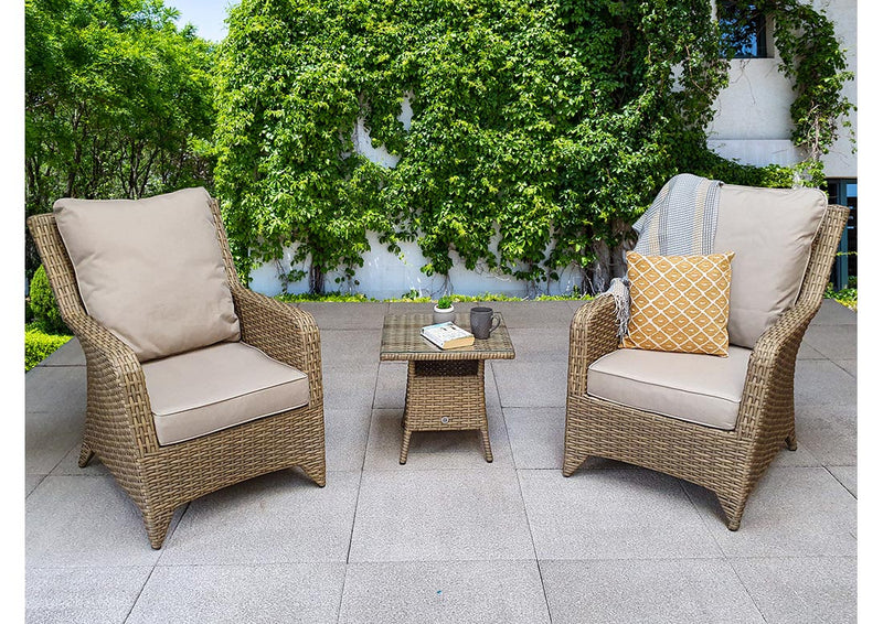 High Back 2 Seat 3 Piece Lounge Set with Side Table in Natural Brown with Beige cushions