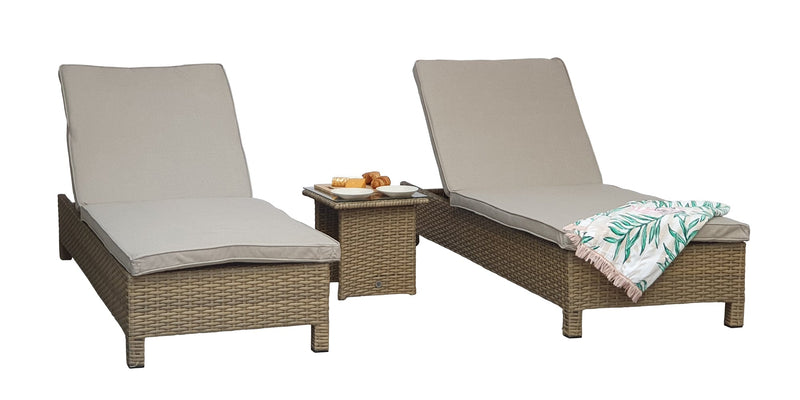 Pair of Sun Loungers with Table in Natural with Beige Cushions